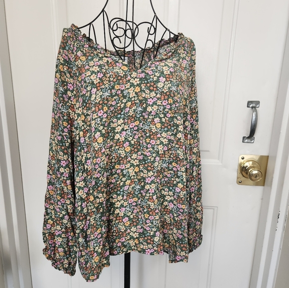 Old Navy Brown and Green Bubble Blouse with Ruffled Smocked Details - Picture 1 of 6